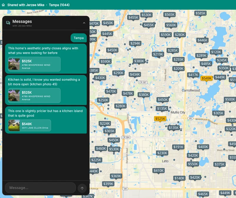The ag3nt portal during a live shared Pool Session: a Tampa map covered in price pins beside the client conversation, with listings attached to each message