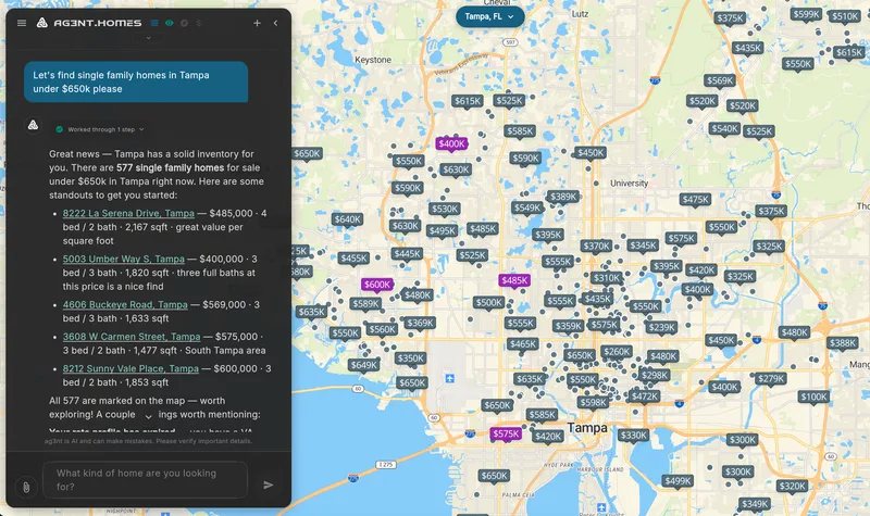 ag3nt chat beside a Tampa map with price pins — 577 single-family homes under $650k, standouts listed