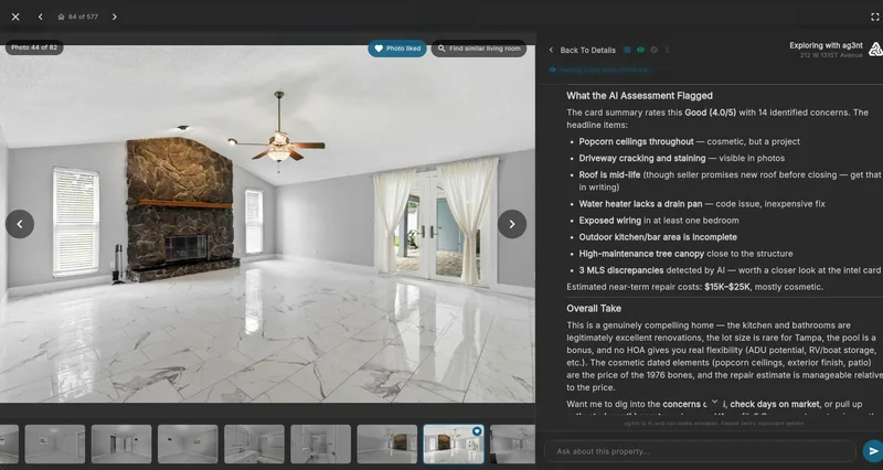 AI assessment beside a living-room photo — flagged concerns with repair-cost estimate