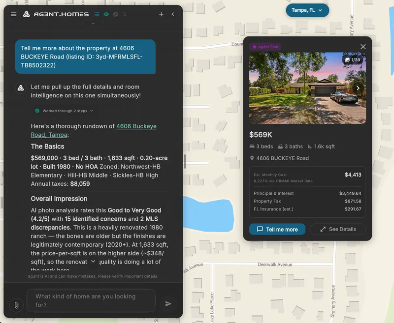 Listing card showing estimated monthly cost with principal and interest, property tax, and insurance at the live market rate