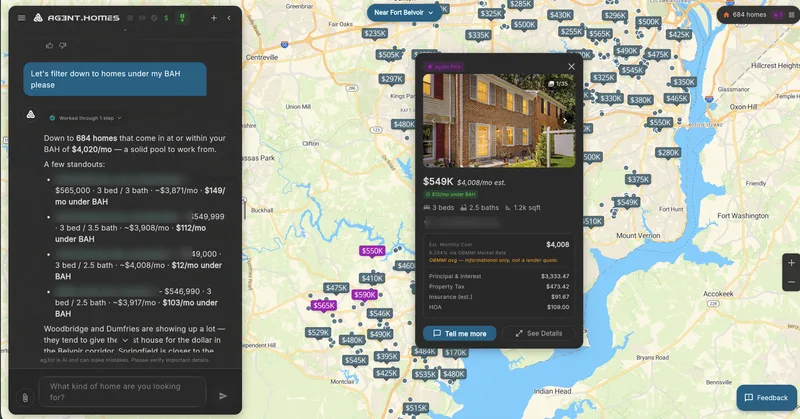 A buyer asks to filter to homes under their BAH; ag3nt narrows to 684 homes at or within a $4,020 monthly allowance, with each standout's delta under BAH spelled out