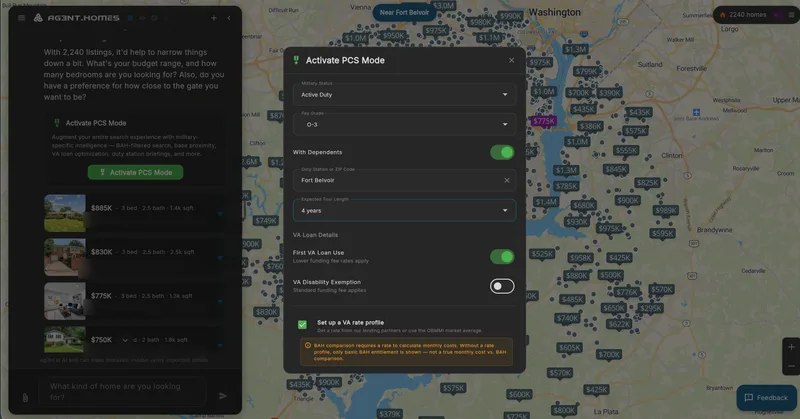 The Activate PCS Mode dialog — military status, pay grade, dependents, duty station Fort Belvoir, expected tour length, and VA loan details — over a map of homes near the base