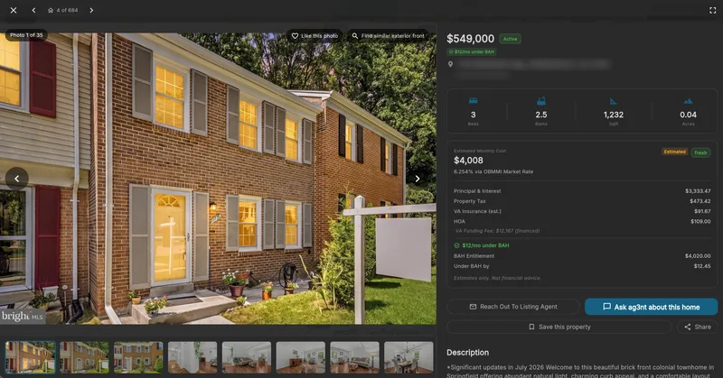 A listing's estimated monthly cost at the live market rate — principal and interest, property tax, VA insurance, HOA, the financed VA funding fee — with a badge reading twelve dollars a month under BAH